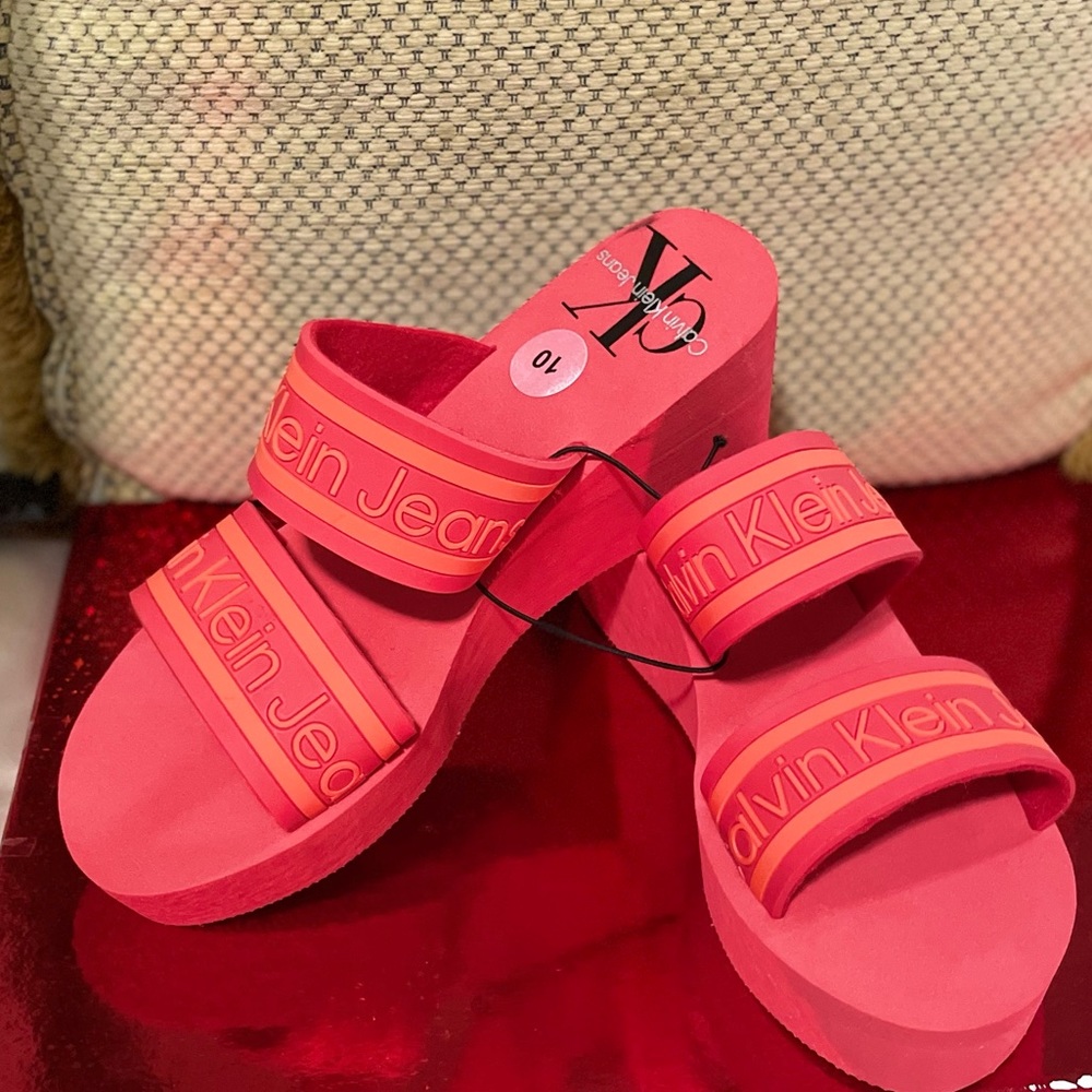 Calvin Klein Logo Strap Wedge Sandal Red and Orange - Picture 10 of 11